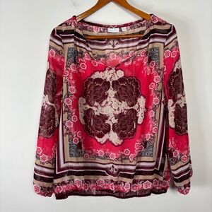 New York & Co Blouse Womens XL Long Sleeve Bright Colorful Mixed Pattern Gold